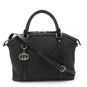 GUCCI GG Denim Tote Bag Handbag Shoulder Canvas Leather Black
